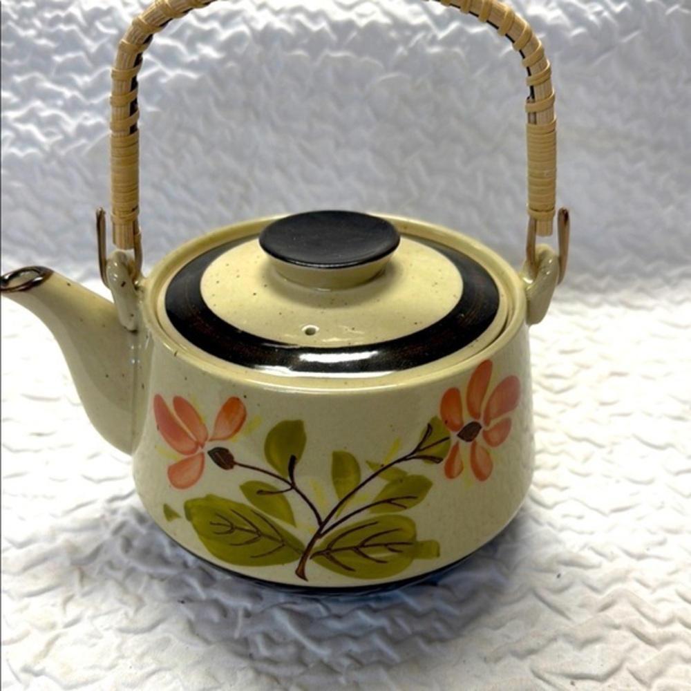 Vintage Floral Ceramic Teapot with Wicker Handle
